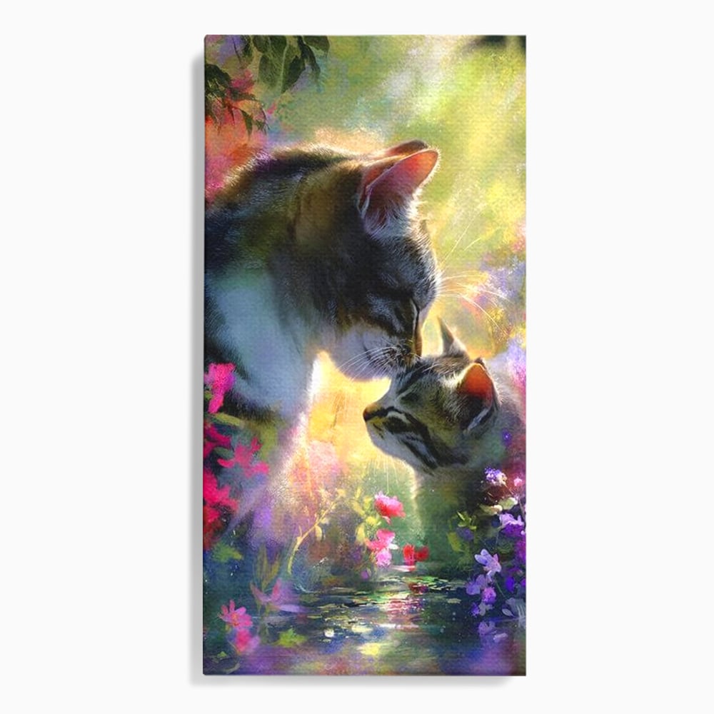 Tablou canvas cu tablou canvas cu pisici mangaite in gradina, fara rama, pe sasiu de lemn
